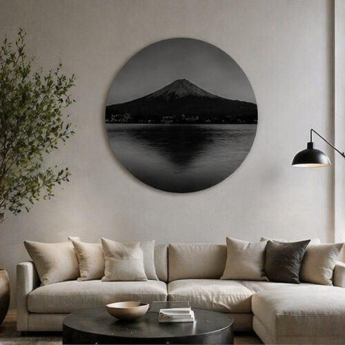 Fotoobraz hory Fudži - kruhový formát, černobílý