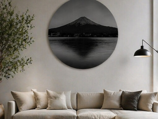Fotoobraz hory Fudži – kruhový formát, černobílý